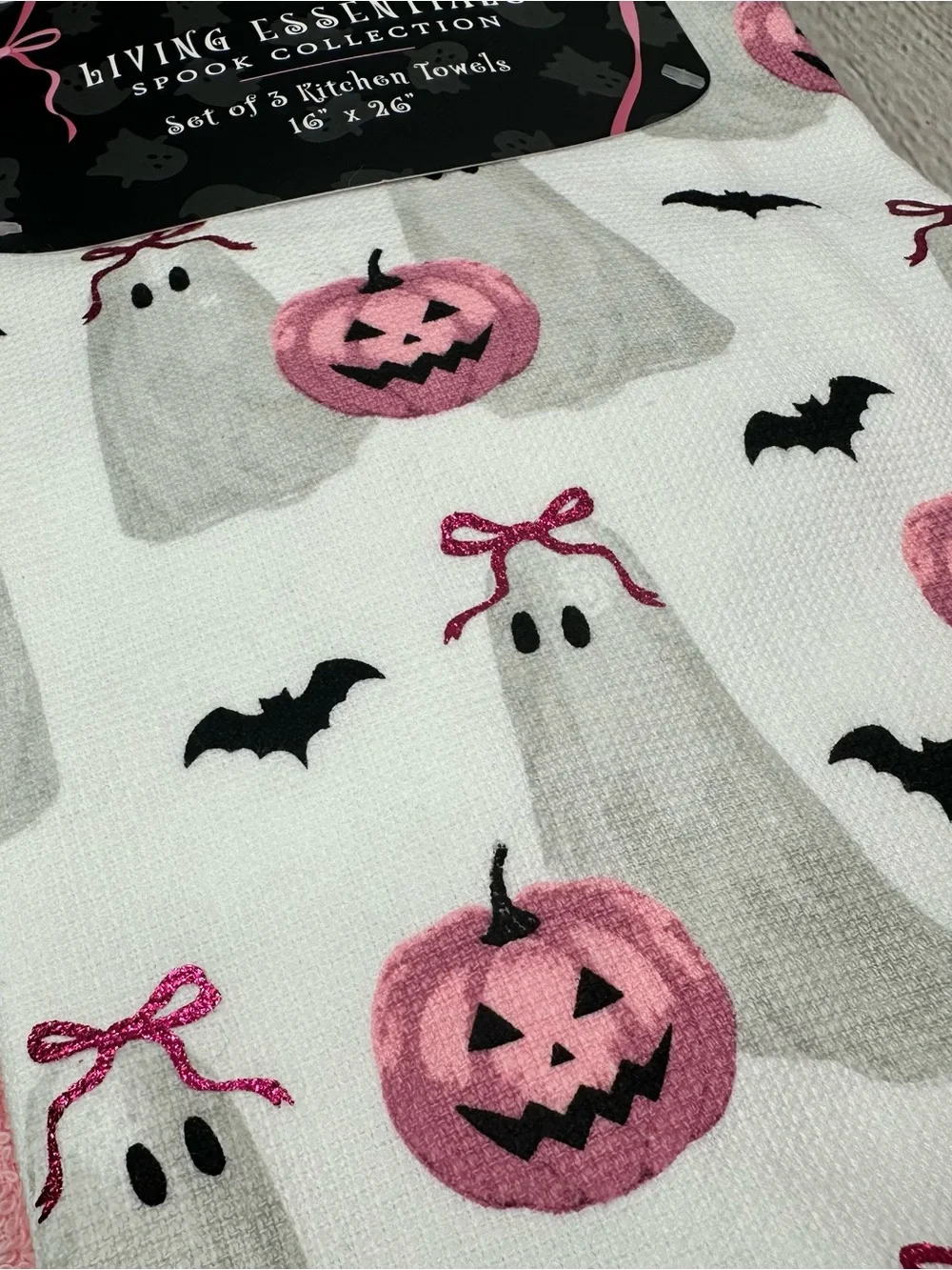 Essentials White Kitchen Towel with Pink Pumpkin & Ghost Print